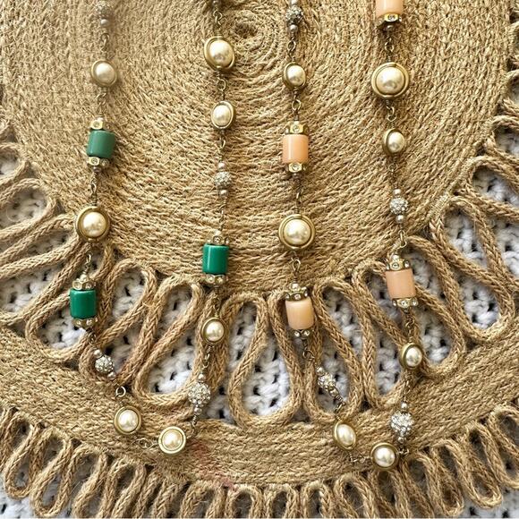 J Crew Set of 2 Gold Tone Pearl Accent Peach Green Stone Strand Necklaces Lot - Picture 7 of 8